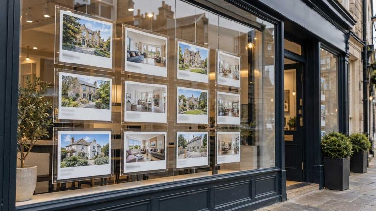 UK high-street estate agent's window display, comparing auction vs estate agent as ways to sell