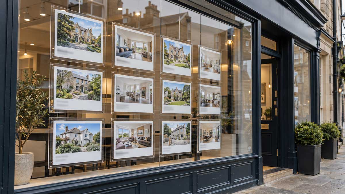 UK high-street estate agent's window display, comparing auction vs estate agent as ways to sell