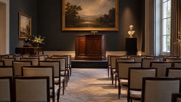 An auction room interior, illustrating the house auction process