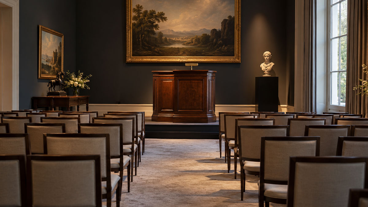 An auction room interior, illustrating the house auction process