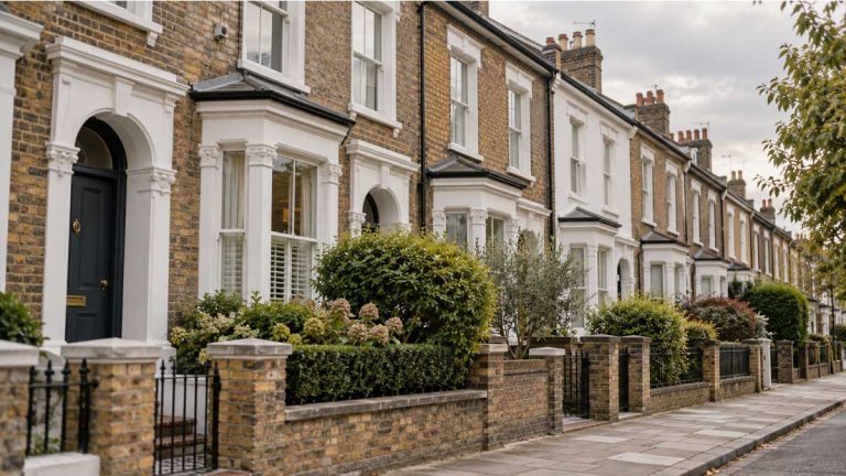 Row of UK terraced houses, illustrating the modern method of auction for selling property