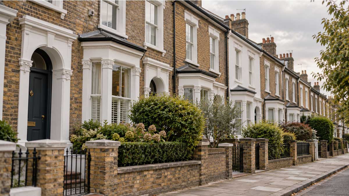 Row of UK terraced houses, illustrating the modern method of auction for selling property