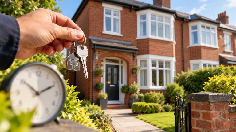 Sell house fast in the UK with house keys held outside a traditional British property, representing a quick and straightforward house sale.